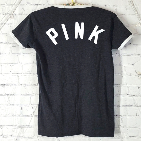 PINK Victoria's Secret Tops - 2017 Victoria's Secret PINK Ringer Short Sleeve Logo Spellout Gray Tee Tshirt XS